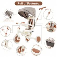 MERAX 7 In 1 Baby Tricycle, Foldable Toddler Tricycle With Removable And Adjustable Parent Handle, Toddler Push Bike With Removable Pedal, Canopy, And Guardrail, Tricycle For 12-72 Months, Ivory And Brown - Ivory - View 4