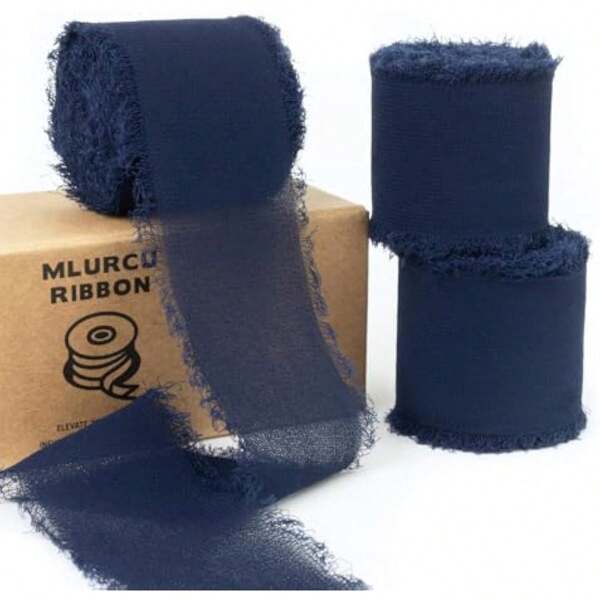 3 pezzi di nastro di chiffon di lusso fatto a mano, in colore giallo e blu navy, di dimensioni 4 x 500 cm, adatto per inviti di matrimoni eleganti, bouquet da sposa, confezioni regalo e decorazioni per feste e matrimoni