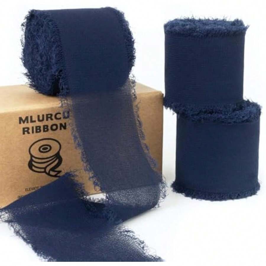 3 chiếc ruy băng voan thủ công sang trọng, tua rua voan màu vàng, xanh nước biển - Kích thước 1,57X196,85 inch, thích hợp cho thiệp mời đám cưới thanh lịch, bó hoa cô dâu, gói quà và trang trí tiệc ngày lễ, trang trí đám cưới | Ruy băng tua rua thanh lịch | Voan thủ công, ruy băng đám cưới - Nhiều màu - Xem 1