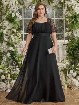 UNITHORSE Plus Size Square Neck Lace Splice Solid Color Pleated Waist Flare Chiffon Elegant Bridesmaid Dress