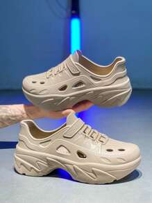 Men's Casual Perforated Slip-On Shoes, Korean Style, Versatile, Thick Sole, Breathable, Non-Slip, Fashion Sneakers - Khaki - View 3