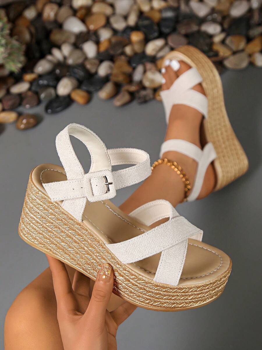 Women's Beige Wedge Heel Sandals, Strap Design, Lightweight & Comfortable High Heel Sandals, Fashion Thick-Sole Beach Sandals For Summer