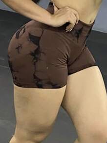 1件装女士欧美风无缝扎染高腰提臀健身短裤，紧身速干瑜伽短裤，粉色夏季款 - 咖啡棕 - 查看 6