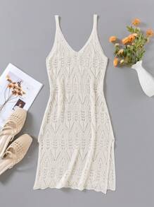 Rochie lungă cu bretele goale tricotate sexy pentru femei, cu fantă laterală - Caisă - Vizualizare 2