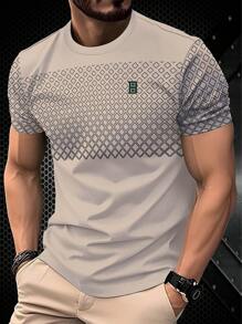 Men's Fashionable Light Beige Short Sleeve T-Shirt, Geometric Diamond Patchwork With Casual "B" Logo, Short Sleeve Men's Summer Outdoor Clothing Pullover