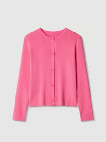 Casual Plain Knit Round Neck Cardigan - Pink - View 1