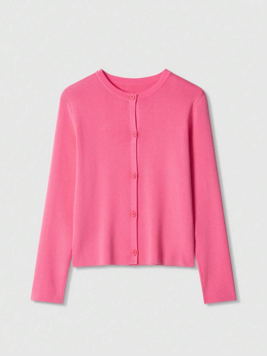 Casual Plain Knit Round Neck Cardigan - Pink - View 1