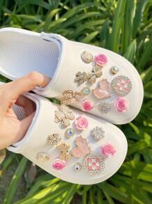 24pcs Pink Heart And Roses Decoration Shoes For Slippers/Sandals/Garden Shoes DIY - Gold Pink - View 4