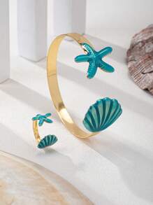 1套女裝時尚套裝，極簡海洋風格，個性化海貝殼、海星、金色手鐲、戒指套裝，適用於日常通勤、派對等 - 海星貝殼套裝 - 查看 14