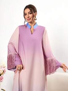 Women's Casual Simple Ombre Tassels Round Neck Long Sleeve Dress,Modest - Multicolor - View 6