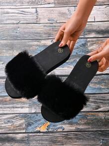 Pantofole di moda da donna comode in ogni stagione, con decorazioni in peluche, ciabatte con fascia singola, sandali da donna per primavera ed estate, tomaia e soletta in tessuto lavabile a mano, calzature da casa confortevoli