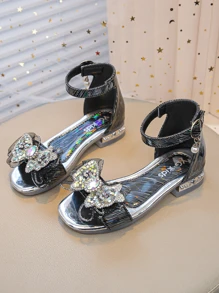 1 Pair Reflective Iridescent Jelly Bow Decor Kids Roman Sandals - Black - View 3