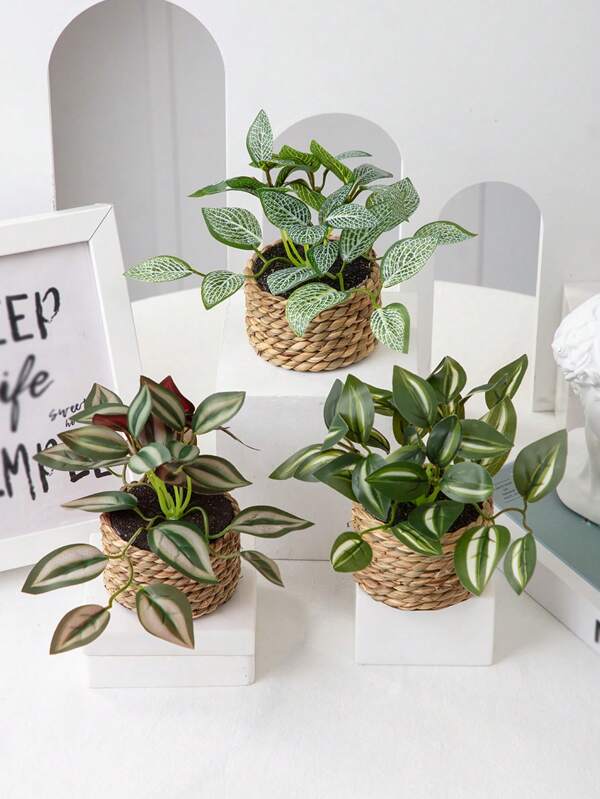1/3pcs Artificial Rattan Small Potted Plants,Mint Leaves, Seagrass Rope Planters, Seagrass Rope, Green, PE Material, Polyester Fibre Material, Tabletop Decoration, School Dormitory And Office Decoration, Home Centre Decoration