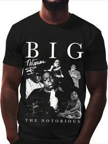 Camiseta para Hombres 1Pcs 220g 100% Algodón Estilo Hip Hop Estampado Digital con Letra BIG y Multiples Imágenes de Biggie - Negro - Ver 1