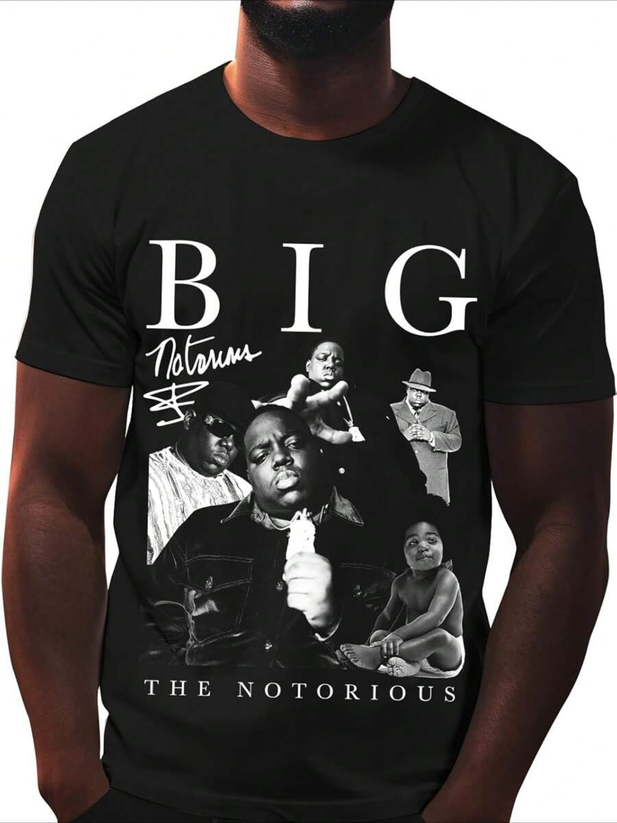 Camiseta para Hombres 1Pcs 220g 100% Algodón Estilo Hip Hop Estampado Digital con Letra BIG y Multiples Imágenes de Biggie - Negro - Ver 1