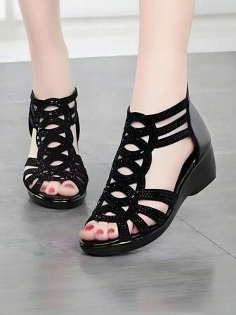 大码女式厚底水钻装饰绑带运动凉鞋，舒适百搭时尚妈妈鞋，罗马风格