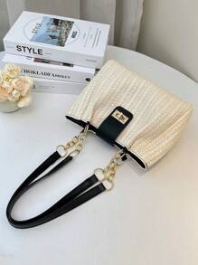 Beige Woven Tote Bag, Unique Texture Showcases Premium Quality. Black Leather Shoulder Strap Paired With Shiny Gold Hardware, Eye-Catching Personal Style. Large Capacity & Super Practical Women's Tote Bag, Cross-Border Bestseller - Black and White - View 3
