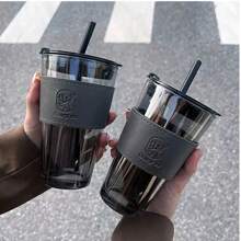 1个玻璃杯450ml大容量带盖奶茶吸管水杯早餐咖啡杯学生杯玻璃咖啡杯带盖茶奶杯带吸管饮具精美礼品杯