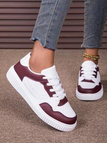 女士户外透气网眼低帮厚底系带滑板鞋，校园风格休闲时尚运动鞋，适合日常穿着