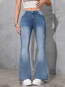 Women's Fashionable And Elegant Washed Solid Color Bell Bottom Jeans, Suitable For Dates, Parties, Shopping, Parties, Banquets, Outings, Streets, Travel, Daily Life At Home - Rửa trung bình - Xem 4