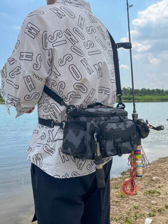 1pc Multi - Compartment Waterproof Fishing Tackle Bag With Camo & Geometric Patterns - Solid Color Options, Zipper Closure, Shoulder Strap. Ideal For Outdoor Hiking, Camping & Fishing Gear Storage Outdoor Fishing Bag