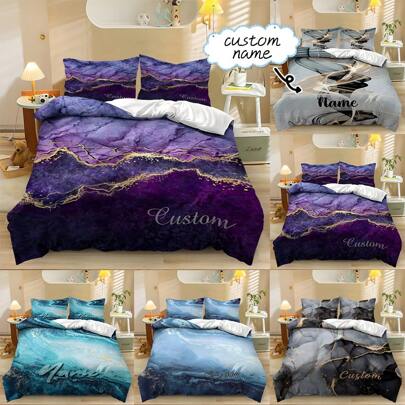 High-End Design Tre delar Anpassa ditt namn 2 STK/3 STK Polyester Täckeöverdrag Örngott Örngott Örngott Set med två/tre delar (1*Tröja + 1/2*kuddfodral, utan kärna), Marmorstämpling inlagd med guldstruktur, Flerfärgstryck Sängkläder Sängset, Mjukt och Användbart för alla rum Lämplig för