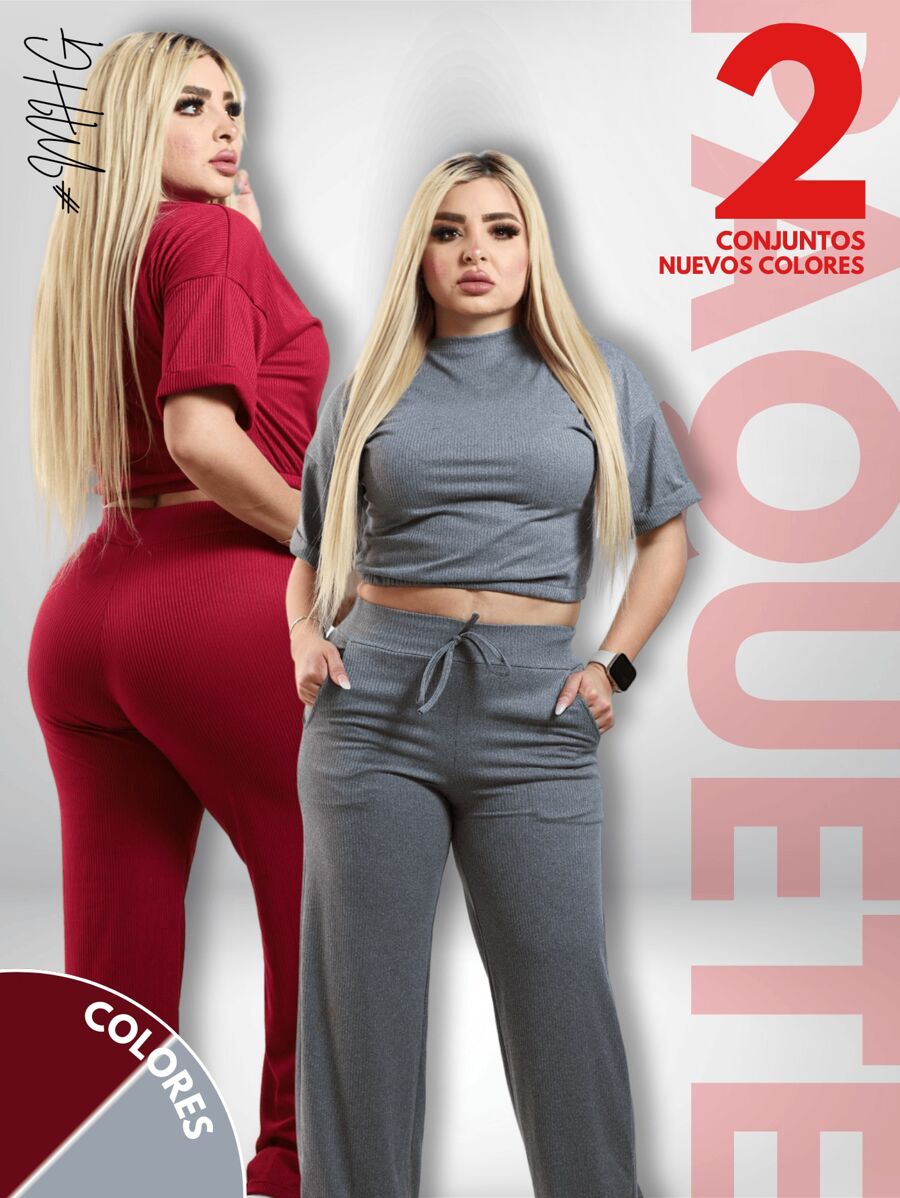 Camiseta de cuello redondo y mangas estilo murciélago y pantalones con cordón en la cintura - Caoba / Gris - Ver 1