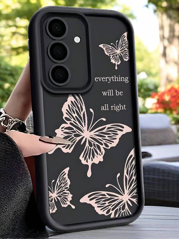 1pc Fashion Pink Butterfly Full Coverage Anti-Drop Mobile Phone Case, Thickened Anti-Slip Protective Cover Compatible With IPhone, Honor, Redmi, Galaxy,