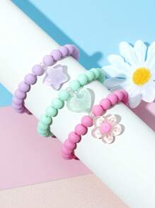3pcs Girls Beaded Charm Heart Flower Star Bracelet Set
