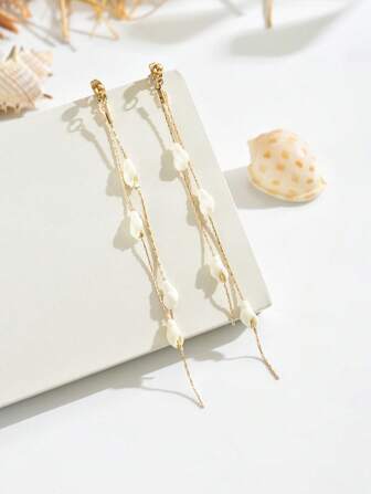2pcs Elegant Bohemian Baroque Faux Pearl Irregular Tassel Layered Heart Stud Earrings, Assorted Designs Including Small Seashell, Suitable For Party, Daily Wear, Valentine's Day, Christmas, Thanksgiving, Mother's Day Gifts. Please Select The Desired Style Before Placing Your Order.