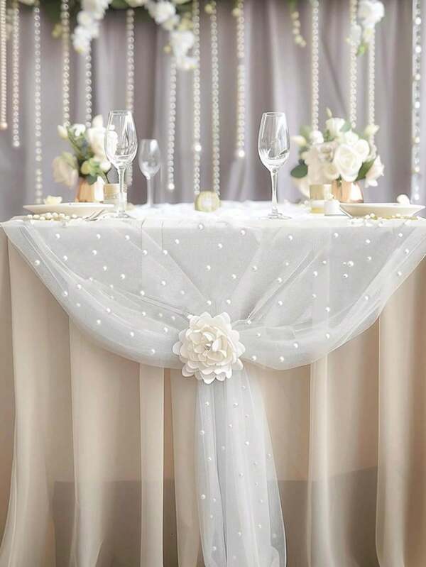 1 Piece Faux Pearl Decorative Tablecloths, Table Flags; Wedding White Pearl Tulle Decorations - Diy Pearl Tulle Decorations - Wedding Arch Decorations; Chair Floats; Bedroom Curtain Decorations; Bachelorette Parties; Festive Party Decorations, Event Backdrop Decorations, Christmas, Wedding Decorations Nylon Mesh Fabrics New Pearl Hollow Mesh Fabrics Valentine's Day