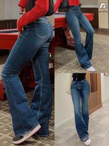 Women's Casual Versatile Slant Pocket Washed Flare Jeans - Dark Wash - View 3