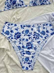 Swim Mod Summer Beach 3 Packs Drawstring Floral Print Bikini Set And Beach Skirt Concert Outfit Womenconcert  - Blue - View 3