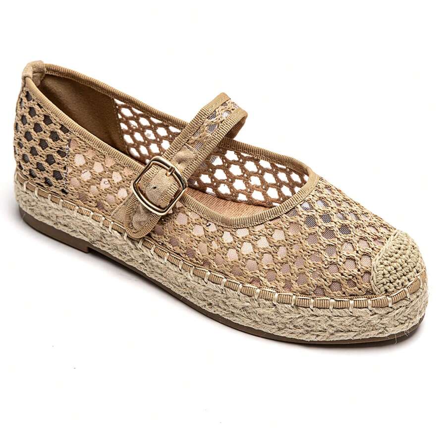 Ballerine Ajourées à Bride Fantaisie Avec Boucle Décorative Semelle Tressée - Khaki 2223 - View 1
