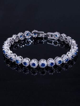 1 st Modedesign Silverpläterad Blågrön Rundskuren Cubic Zirconia Flower Cluster Tennisarmband För Bröllop Förlovningsfest Bal Till Kvinnor Brudar Brudtärnor Dam Kostym Smycken Tillbehör