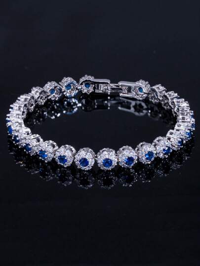 1 pieza Diseño de moda Brazalete de tenis con racimo de flores de circonita cúbica de corte redondo chapado en plata azul y verde para bodas, compromisos, fiestas de graduación, para novias, damas de honor, señoras, accesorios de joyería de disfraz