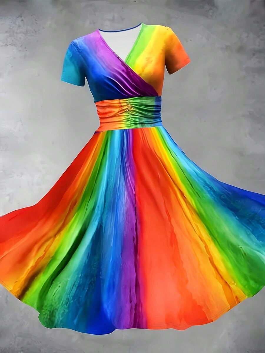 Đầm chữ A tay ngắn in họa tiết cầu vồng ombre nhiều màu sắc dành cho nữ cỡ lớn, trang phục dự tiệc, đầm maxi xòe rộng thắt eo cho kỳ nghỉ hè thanh lịch - Nhiều màu - Xem 1