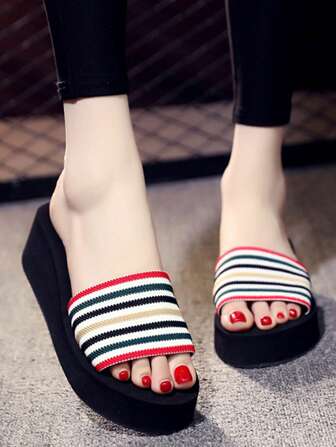 Women's Thick Sole Color Block Platform Slippers, Strap Indoor Wedge Beach Sandals