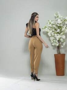 Carrot Pants With Zipper On The Leg, Tailored C3095 - 卡其色 - 查看 7