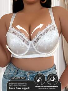 Plus Size Women Lace Trim Diamond Decorated Underwire Lingerie Bra With Supportive Back Design, Lift - White - View 5
