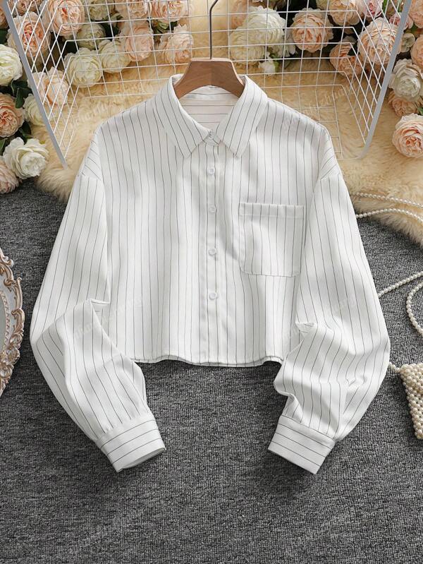 Casual Versatile Fashion White Striped Long Sleeve Single Breasted Collared Button Up Shirts For Women