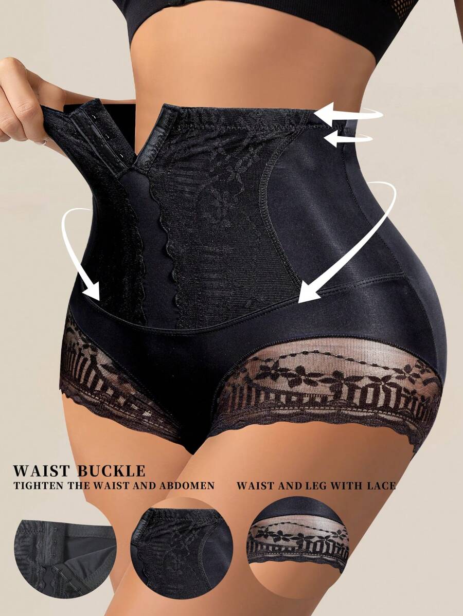 1 件装无缝高腰内裤扣女士蕾丝腰部训练器收腹塑身衣紧身平腹提臀女士内衣 - 黑色 - 查看 1