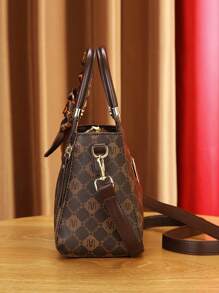 女士时尚包袋套装 - 优雅几何印花、仿皮托特包、斜挎包和手拿包 - 咖啡 - 查看 5