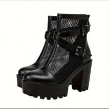 Women's Platform Ankle Boots With Mesh Details And Cross Buckles And Fashionable Chunky Heel - màu đen - Xem 8