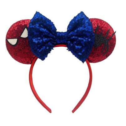 Disney Spider-Man Themed Hair Hoop, Blue Bow Sequin Minnie Mouse Ears Amusement Park Performance Costume Hair Accessories,Hairband,Hair Hoop Headbands