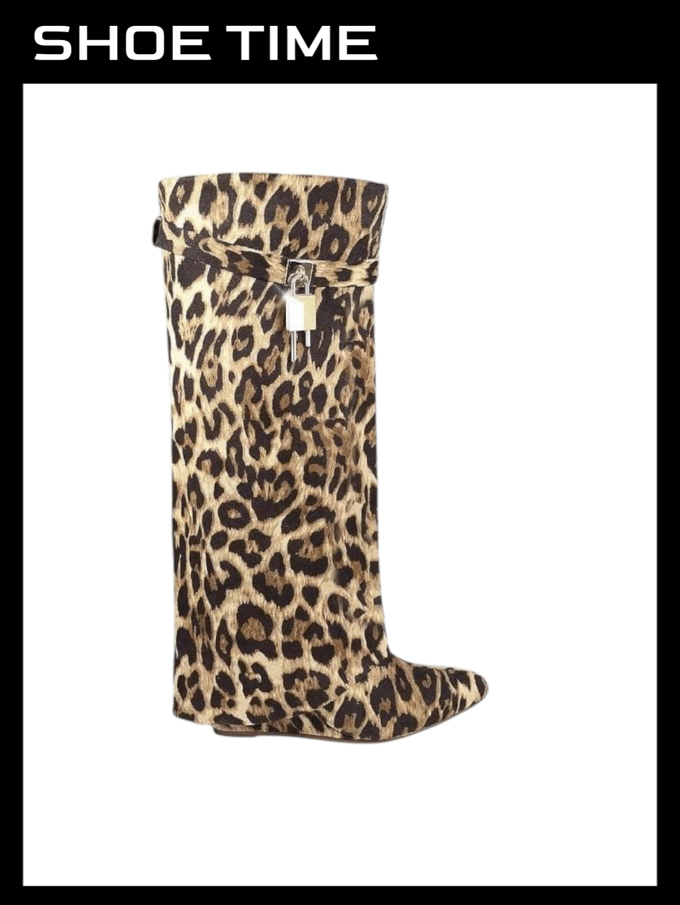 Padlock Detail Fold Over Wedge Knee High Boots - Leopard - View 1