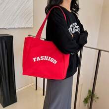 Fashion Large Capacity Letter Printed Tote Bag Simple Lightweight Shoulder Shopping Bag Canvas Handbag - Red - View 1
