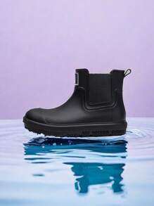 (Size Runs Small) 1 Pair Women's Fashion Mid-Calf Rain Boots, Faux Leather Pattern Waterproof Galoshes, Plus Size Chelsea Short Rainboots, Versatile Thick Waterproof Boots - Black - View 8