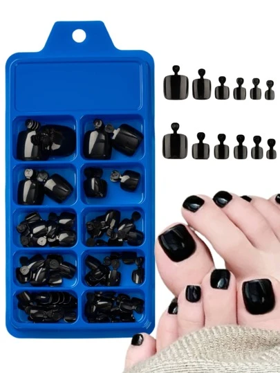 120 móng chân giả bóng, 12 kích cỡ/hộp, móng dán màu đen, móng giả acrylic vuông ngắn phủ kín toàn bộ móng, dụng cụ làm móng nghệ thuật cho nữ và bé gái.