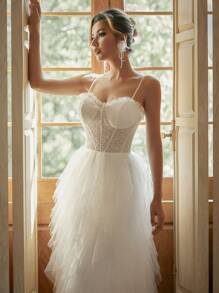 LVNES Weißes Hochzeitskleid, mehrstufiger Tüll mit zarten Trägern, elegantes Brautkleid, Abendkleid - Weiss - Übersicht 1